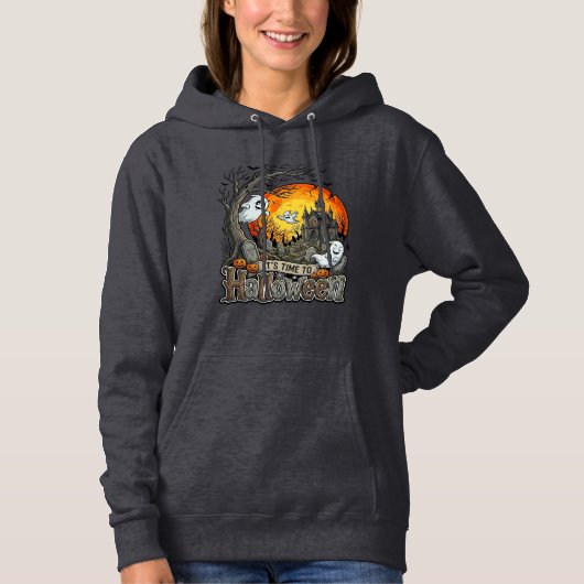 Pull À Capuche Sa Maison Hantée Halloween Cimetière Effrayant (Devant)
