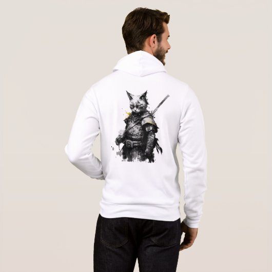 Pull À Capuche Samurai Chat avec katana, noir et jaune (Dos entier)