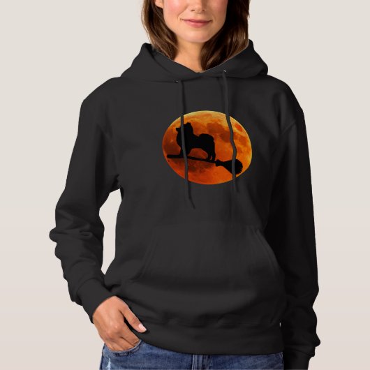 Pull À Capuche Silhouette Chien Poméranie Lune Halloween (Devant)