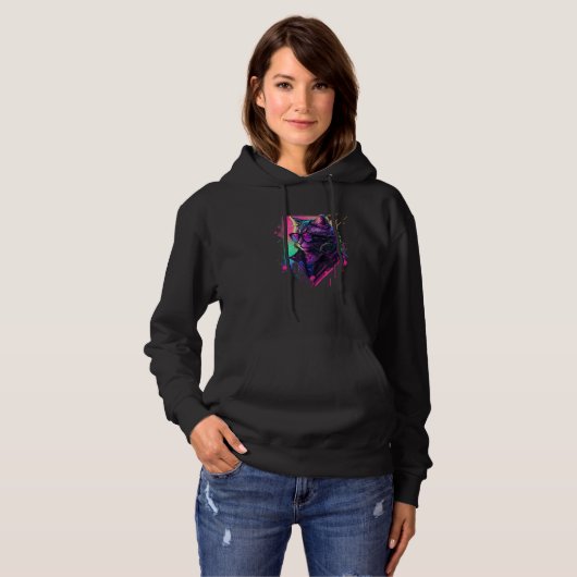 Pull À Capuche Synthwave Aesthetic Cat Vaporwave Cat  90s Retro C (Devant entier)