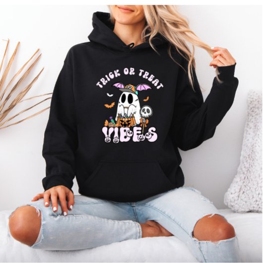 Pull À Capuche Tricoter ou traiter Vibes Retro Ghost Halloween