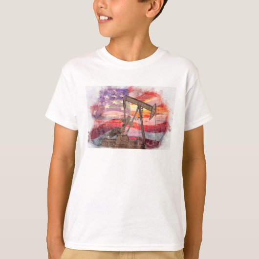 Pumpjack silhouet pastel tekening Amerikaanse vlag T-shirt (Voorkant)