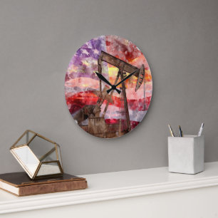 Pumpjack silhouet waterverf met American Flag Grote Klok