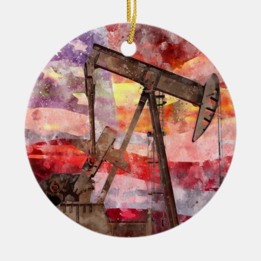 Pumpjack silhouet waterverf met American Flag Keramisch Ornament (Voorkant)