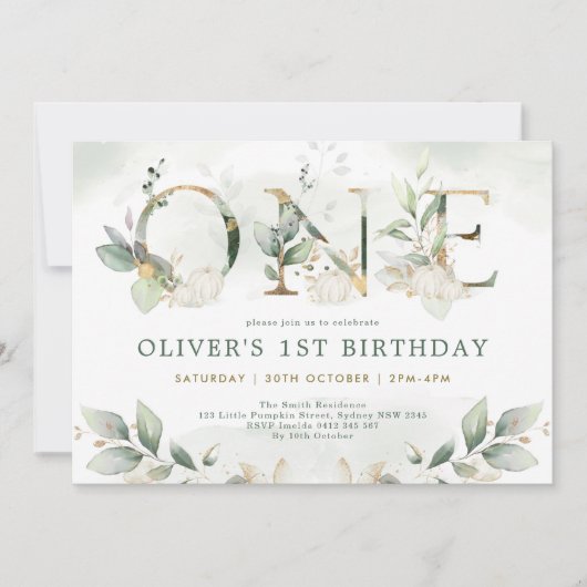 Pumpkin 1st Birthday Herfst Greenery Gold Party Kaart (Voorkant)