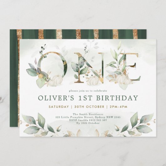 Pumpkin 1st Birthday Herfst Greenery Gold Party Kaart (Voorkant / Achterkant)