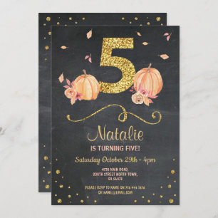 Pumpkin 5th Birthday 5th Herfst Chalk Gold Invite Kaart