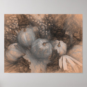 Pumpkin Antiek Sepia Gray Herfst Schetch Art Poster
