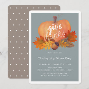 Pumpkin Autumn Leaves Blue Thanksgiving Dinner Kaart