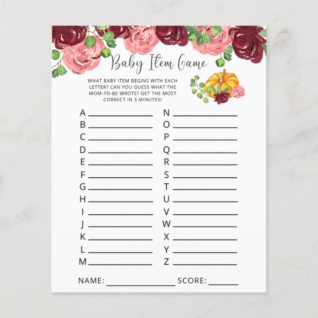 Pumpkin Baby Item Game. Baby shower game (Voorkant)