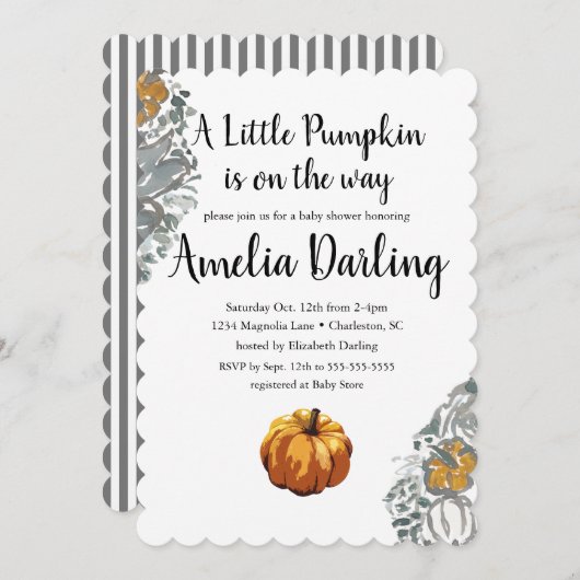 Pumpkin Baby shower Scallop Edge Invitation Kaart (Voorkant / Achterkant)