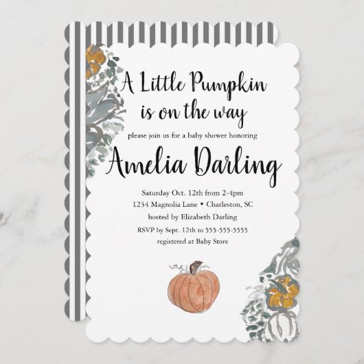 Pumpkin Baby shower Scallop Edge Invitation Kaart (Voorkant / Achterkant)