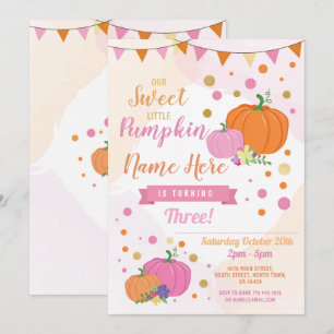 Pumpkin Birthday Invite Herfst Pink Girl Gold Kaart