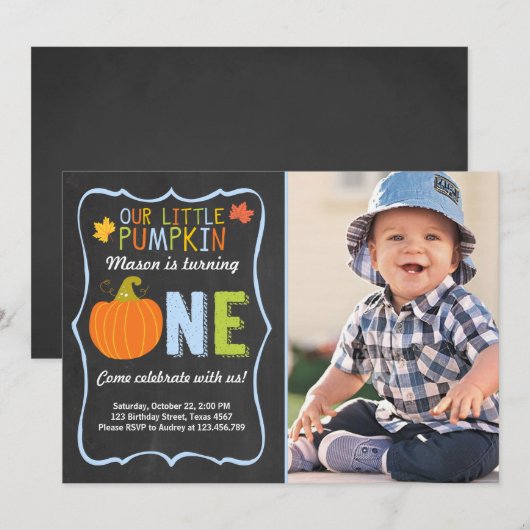 Pumpkin Birthday-uitnodiging Blue First Birthday Kaart (Voorkant / Achterkant)