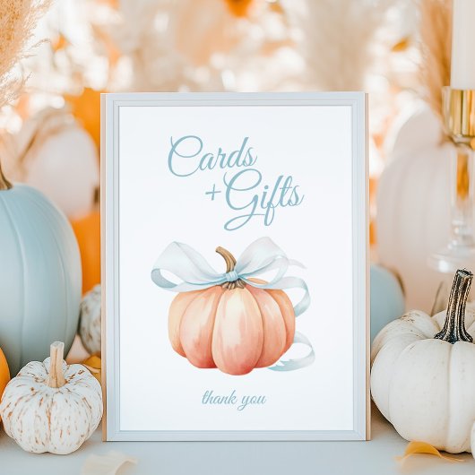 Pumpkin Blue Bow Cards & Gifts Table Sign Poster