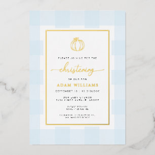 Pumpkin Blue Gingham Christening Folie Uitnodiging