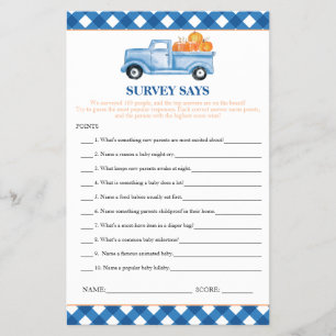 Pumpkin Blue Truck Survey zegt Baby shower spel Flyer