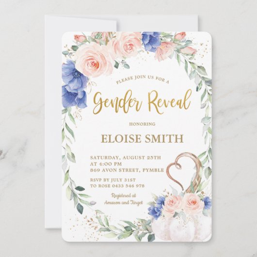 Pumpkin Blush Blue Floral Wreate Gender onthulling Kaart (Voorkant)