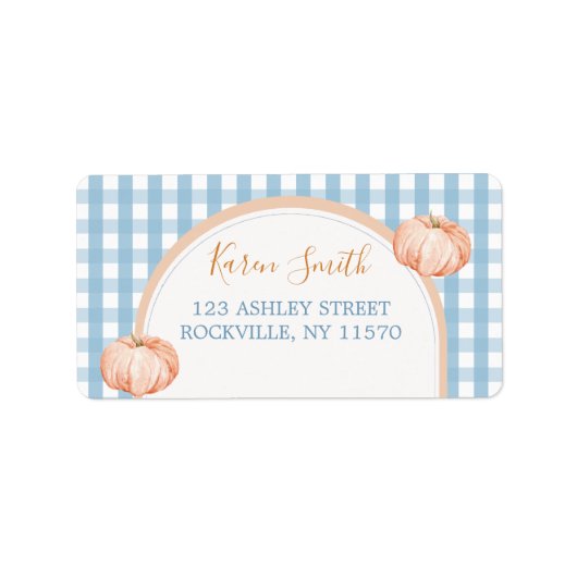 Pumpkin Boho Blue Gingham 1e verjaardag adres Etiket (Voorkant)
