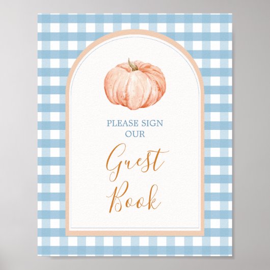 Pumpkin Boho Blue Gingham Guest Book Baby shower Poster (Voorkant)