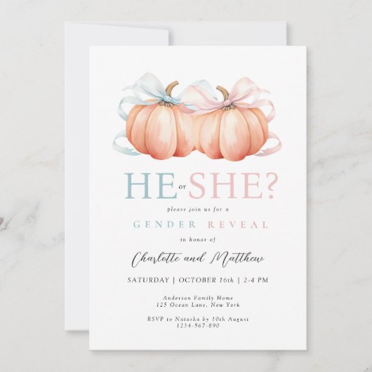 Pumpkin Bow Roze Blauw Geslacht Onthulling Uitnodi Kaart (Voorkant)