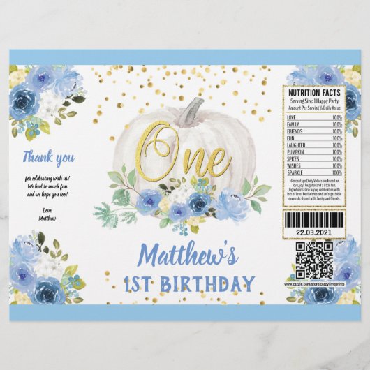 Pumpkin Boy 1st Birthday Blue Chip Bag Wrapper Flyer (Voorkant)