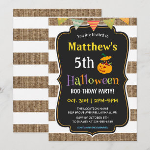 Pumpkin Burlap Halloween Kids Birthday Party Kaart