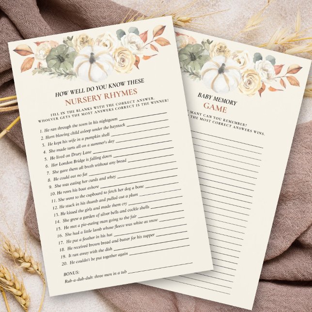 Pumpkin Double Sided Baby shower Games (Entertain your guests with this double sided baby shower game in an autumn pumpkin floral design.)