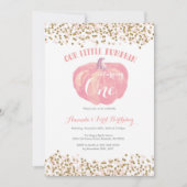 Pumpkin eerste verjaardag uitnodiging roze en goud (Voorkant)