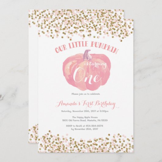 Pumpkin eerste verjaardag uitnodiging roze en goud (Voorkant / Achterkant)