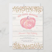 Pumpkin eerste verjaardag uitnodiging roze en goud (Voorkant)