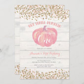 Pumpkin eerste verjaardag uitnodiging roze en goud (Voorkant / Achterkant)