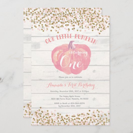 Pumpkin eerste verjaardag uitnodiging roze en goud (Voorkant / Achterkant)