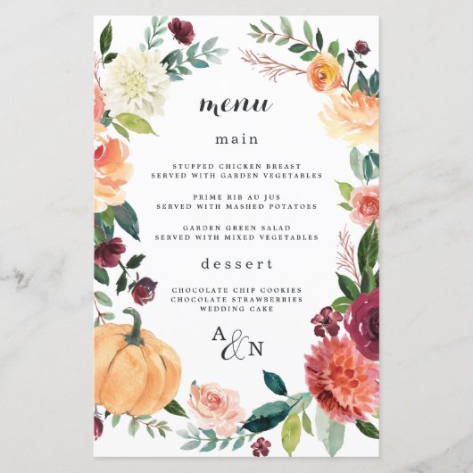 Pumpkin Elegant Herfst Floral Wedding Menu Kaarten (Voorkant)