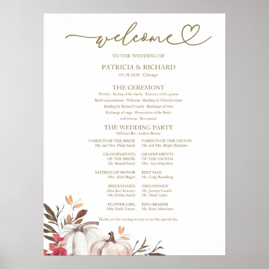Pumpkin Fall Wedding Program Sign Poster (Voorkant)