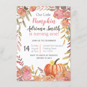 Pumpkin First Birthday Autumn Herfst Invitation Kaart