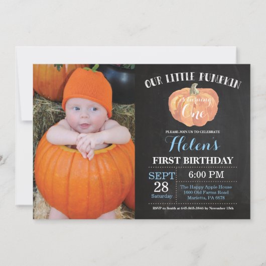 Pumpkin First Birthday Invitation Blue Chalkboard Kaart (Voorkant)