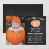 Pumpkin First Birthday Invitation Blue Chalkboard Kaart (Voorkant / Achterkant)