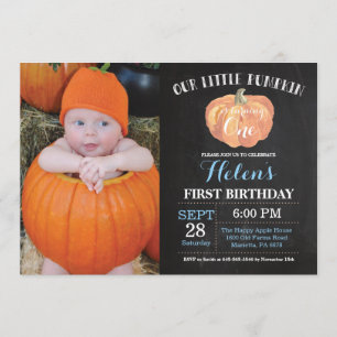 Pumpkin First Birthday Invitation Blue Chalkboard Kaart