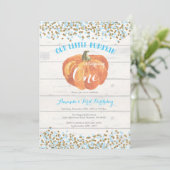 Pumpkin First Birthday Invitation Blue en Gold Kaart (Staand voorkant)
