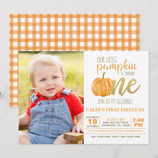 Pumpkin First Birthday Invitation for Boy w/Photo Kaart (Voorkant / Achterkant)