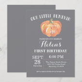Pumpkin First Birthday Invitation Grey Kaart (Voorkant / Achterkant)