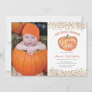 Pumpkin First Birthday Invitation Pink and Gold Kaart