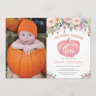 Pumpkin First Birthday Invitation Pink Floral Kaart