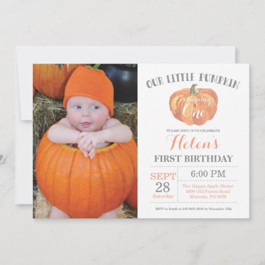 Pumpkin First Birthday Invitation Sinaasappel en G Kaart (Voorkant)