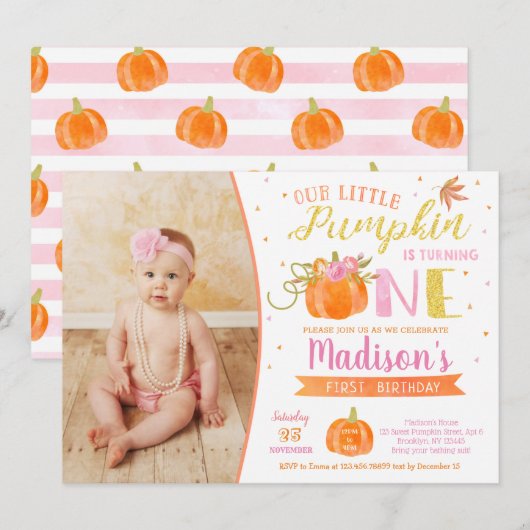 Pumpkin First Birthday Invitations Autumn Herfst Kaart (Voorkant / Achterkant)