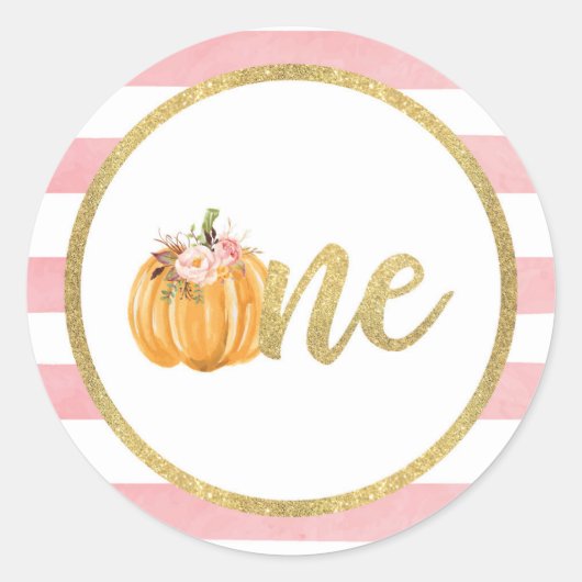 Pumpkin First Birthday Sticker - Roze stripes (Voorkant)