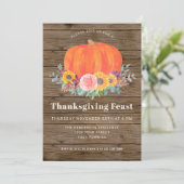 Pumpkin Floral Barn Wood Thanksgiving Dinner Kaart (Staand voorkant)