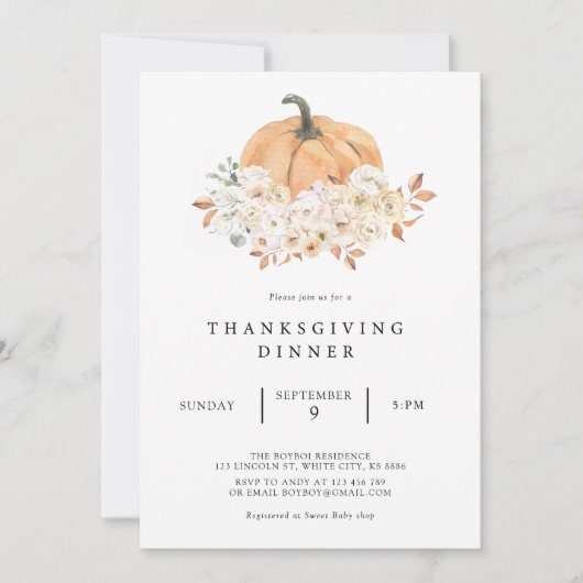 Pumpkin Flower Thanksgiving Dinner Invitation Kaart (Voorkant)