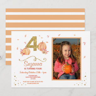 Pumpkin FOUR Birthday 4th Herfst Party Photo Invit Kaart